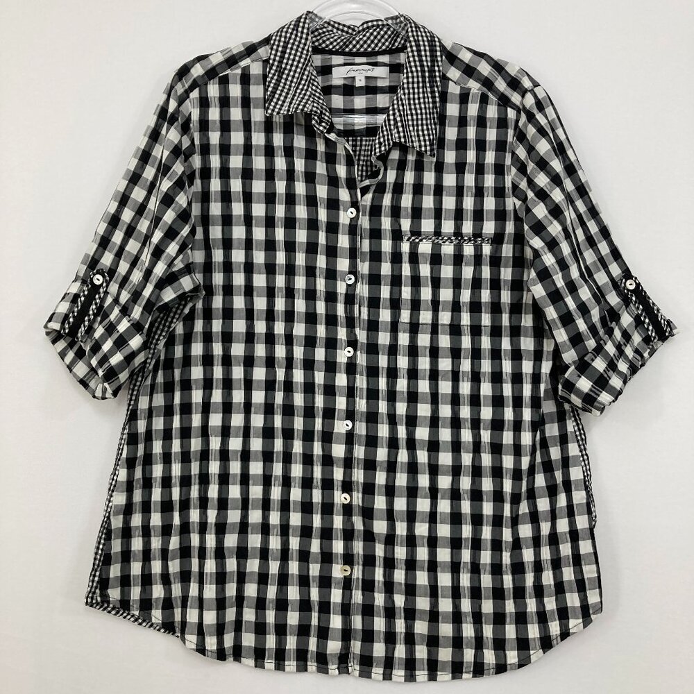 Foxcroft size 16 Black‎ White Gingham Plaid Crinkle Rolled Tab Button Down